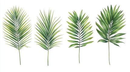Four tropical palm fronds isolated on white background