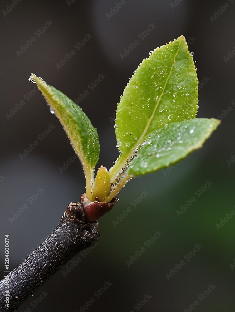 Poster vivid closeup of fresh green leaves with droplets of water clinging to them sprouting from a small b