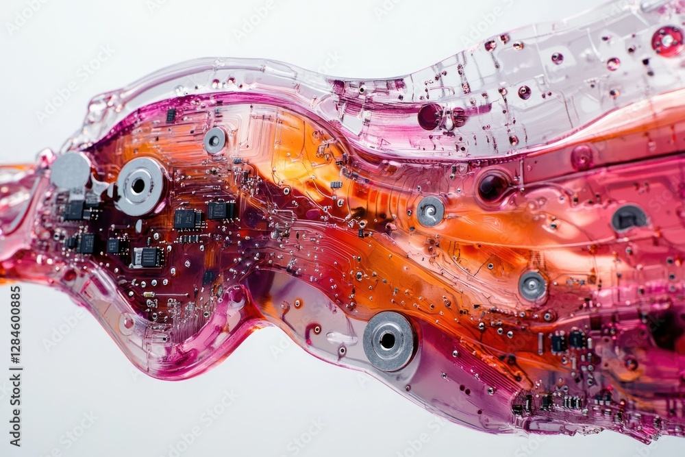 Aufkleber abstract artwork showcasing a circuit board embedded in translucent, flowing resin, creating a dynam