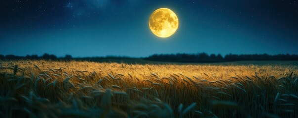 Fototapeta premium Full moon illuminates golden wheat field under starry night sky