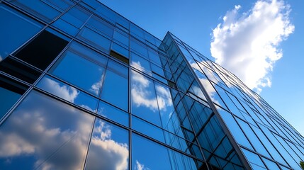Architectural marvel showcasing shiny glass building towering against a vibrant blue sky with puffy clouds : Generative AI
