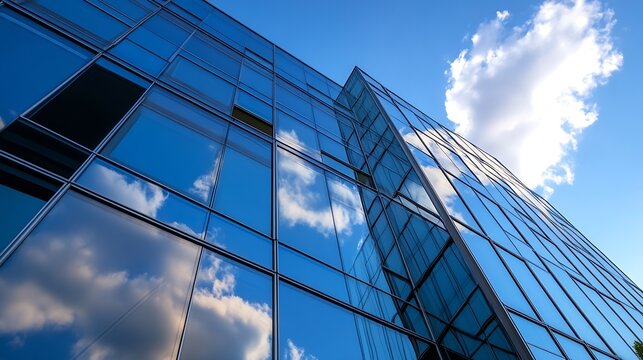 Architectural marvel showcasing shiny glass building towering against a vibrant blue sky with puffy clouds : Generative AI - Powered by Adobe