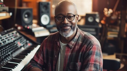 Obraz premium A middle-aged Black male musician smiles warmly in a cozy studio, surrounded by musical instruments and equipment, showcasing a relaxed and creative atmosphere.