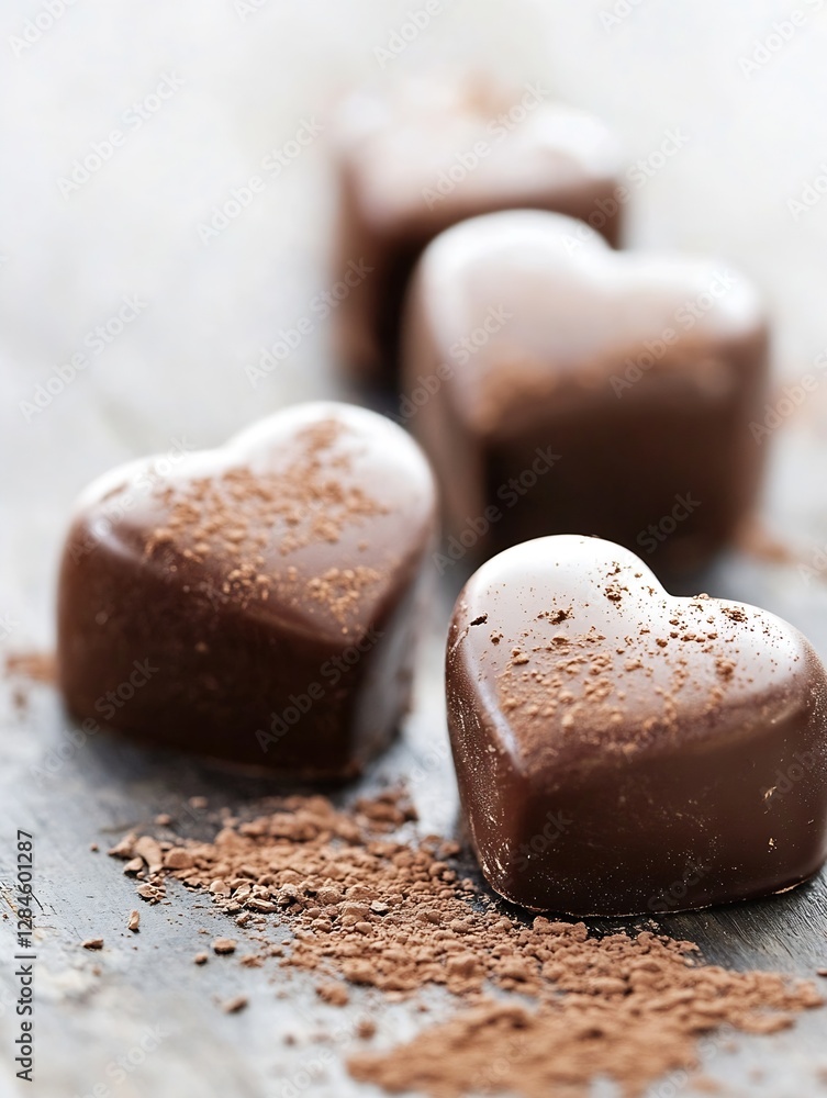 Poster delicious heart shaped chocolates sprinkled with cocoa powder on a rustic wooden surface : generativ