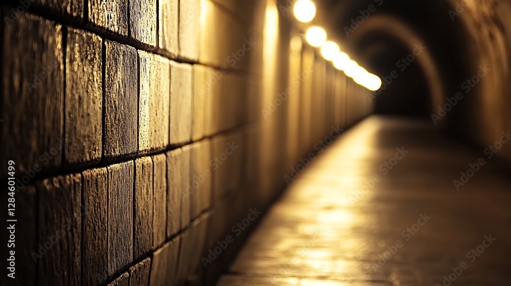 Poster Mysterious dimly lit stone tunnel with glowing lights creating a mesmerizing perspective : Generative AI