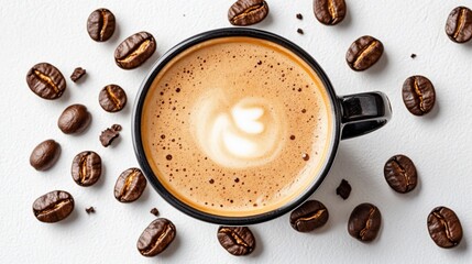 Overhead View of a Latte with Coffee Beans on White Background