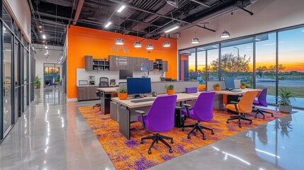 Fototapeta premium Modern Creative Office Space with Colorful Furnishings and Natural Light
