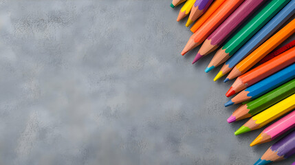 Colorful pencils arranged on grey background.  Perfect for education header