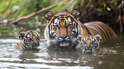 Tiger family swimming together in water