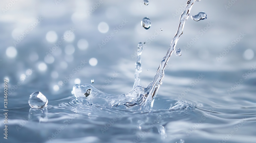 Poster high definition image of water droplets splattering on the surface creating ripples in clear water :