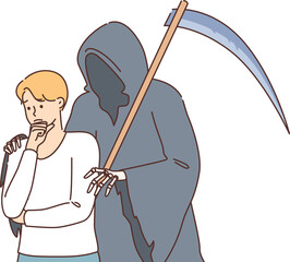 Grim reaper embraces puzzled man who is panicking about approaching death. Death with grim looms over victim, for concept panic attack caused by nervous disorder of person in need of psychotherapist