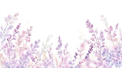 Naklejka premium Soft purple and pink heather flowers sway gently in a delicate watercolor botanical illustration