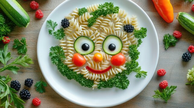 Naklejki Creatively arranged pasta and vegetable face with a fun smiling expression.