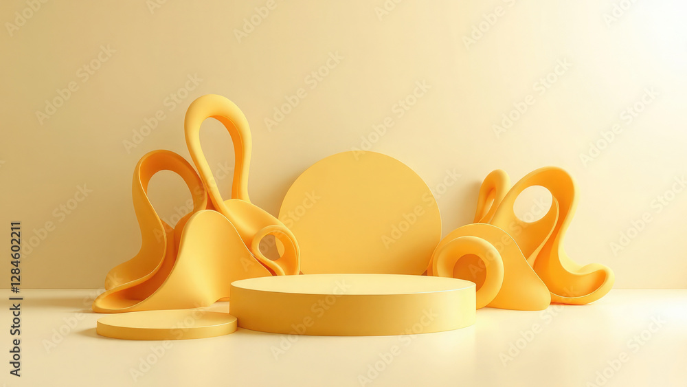 Poster 3d render of abstract yellow composition with podium minimal studio with round