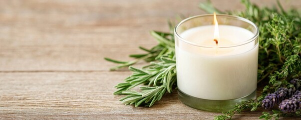 World candle day with relaxation and therapy idea. A serene candle surrounded by fresh herbs on wooden surface.