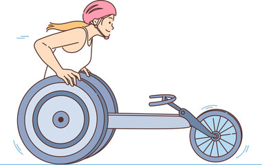 Woman participates in wheelchair race during paralympic games, demonstrating vitality and readiness to fight. Wheelchair races between people with leg problems or victims of car accidents