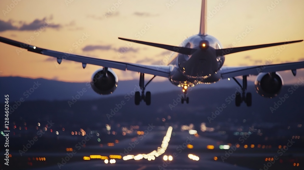 Poster airplane preparing for takeoff under illuminated runways at sunset with beautiful sky colors in the 