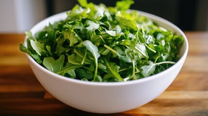 Fresh arugula greens in a white bowl on a wooden table. Healthy meal option with nutritional benefits.