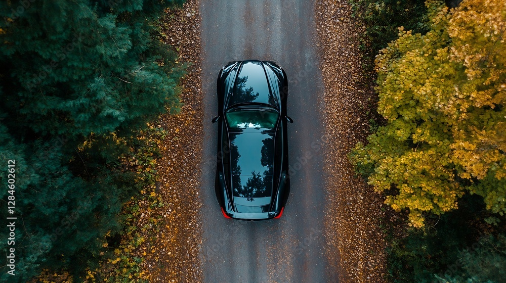 Poster aerial top view of a black car driving through a colorful autumn forest trail : generative ai