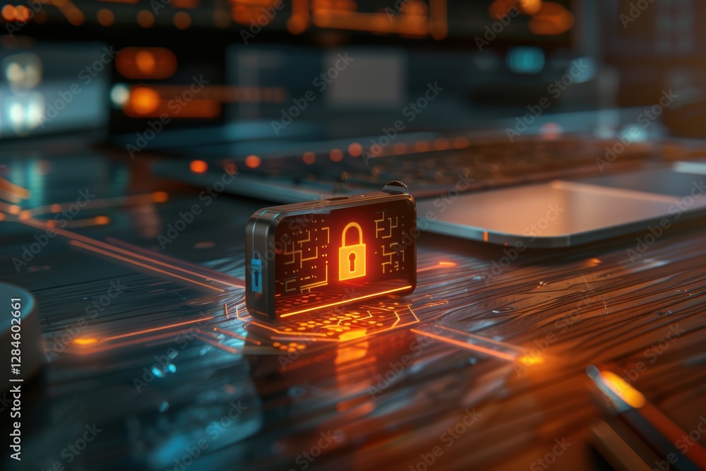 Poster secure digital storage - encrypted usb drive with glowing firewall and lock symbols for technology d