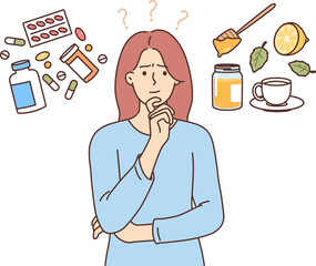 Woman chooses between traditional medicine and taking vitamins or dietary supplements that improve immunity. Girl selects from traditional medicine or medicines recommended by doctor