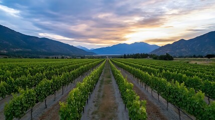 Fototapeta premium Breathtaking view of lush green vineyards during sunset highlighting mountains and serene sky : Generative AI