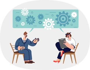 Business man and psychotherapist sit on chairs under dialogue cloud of gears during session. Businessman at appointment with psychotherapist who helps him develop goals and find motivation for success
