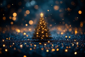 Naklejka premium Festive Christmas tree illuminated by warm lights in a snowy night scene.