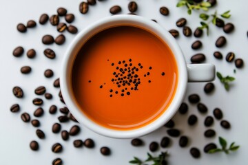 Overhead View of Orange Coffee Drink in White Mug Surrounded by Coffee Beans and Herbs