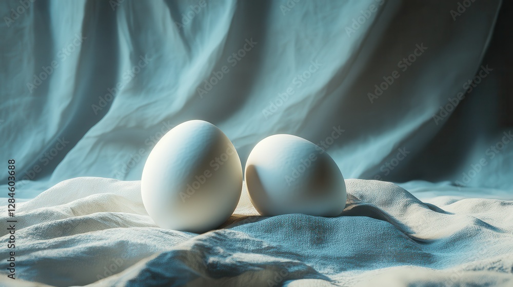 Poster two eggs on soft fabric with gentle lighting in tranquil setting