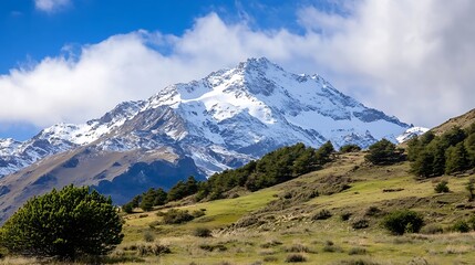 Fototapeta premium Majestic snow capped mountain range under blue skies with lush greenery in the foreground : Generative AI
