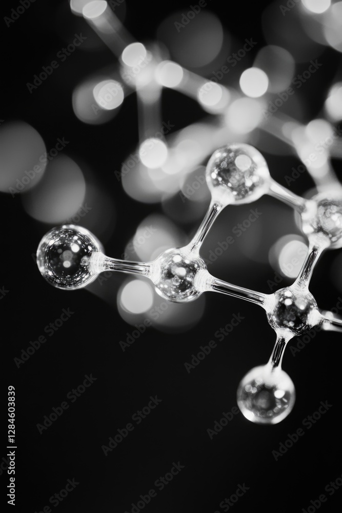 Poster chemical structure composed of spheres and rods illustrating atoms in molecular bonding. light inter