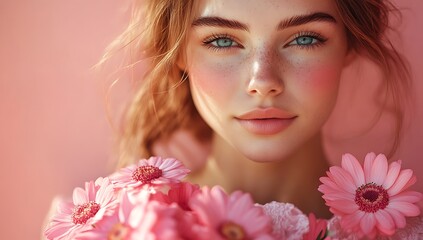 Naklejka premium Person with Wavy Hair Adorned with Pink Daisies