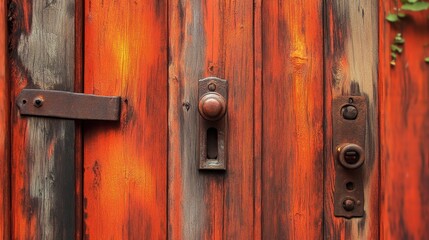 Rustic wooden door with vibrant orange and weathered brown hues, showcasing intricate textures and hardware elements