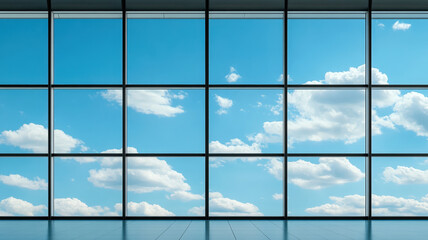 Modern Window Grid Frame Architecture with Scenic View of Bright Blue Sky and White Fluffy Clouds, Contemporary Interior Design Perspective