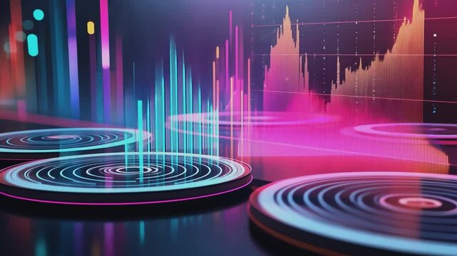 Data Visualization: A vibrant abstract depiction of data streams, graphs, and circular platforms, bathed in neon colors, creating a futuristic tech-infused feel. 