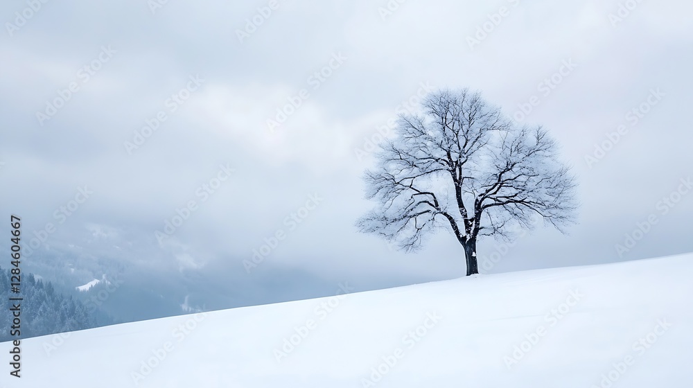 Poster lonely tree standing in a white snowy landscape under a soft overcast sky : generative ai