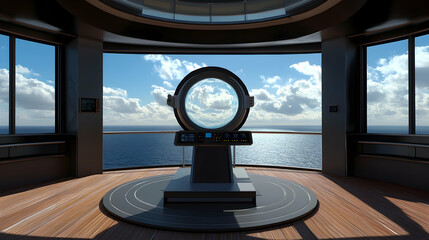 Nautical observation platform with optical enhancement instruments overlooking maritime routes