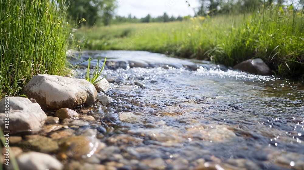 Poster clear stream flowing gently over smooth stones surrounded by lush green grass and nature : generativ