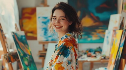 A joyful young European woman in an art smock smiles in her vibrant studio, surrounded by colorful canvases and artistic creations, showcasing her creativity.