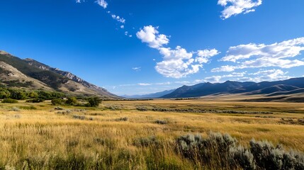Fototapeta premium Breathtaking mountainous landscape with fields and blue skies showcasing nature's beauty and serenity : Generative AI