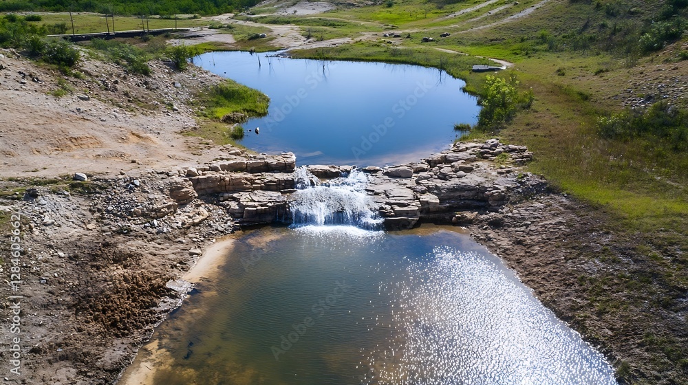 Aufkleber stunning aerial view of a tranquil waterfall cascading into a serene lake surrounded by green landsc