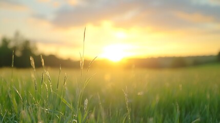 Glowing sunrise captured over a lush grassy field with blades shimmering in soft morning light : Generative AI