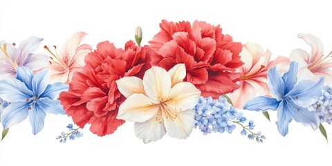 A bouquet of colorful flowers in red, white, and blue hues, resembling a national flag arrangement.