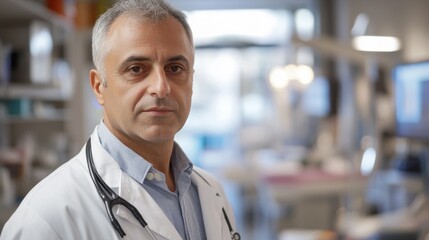 Fototapeta premium A middle-aged European male doctor stands confidently in a clinic. He exemplifies professionalism and expertise in a healthcare environment.