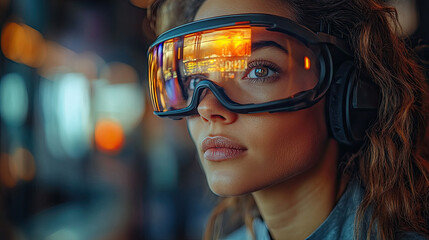 Woman VR headset city cafe futuristic