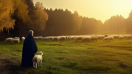 The shepherd leaves 99 sheep to search for 1 sheep. Jesus' parables. Bible story. The shepherd has a lamb in his hand, and in front of him is a flock of sheep grazing. 