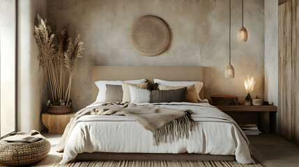 Neutral-toned sleeping quarters with artisanal textile accents