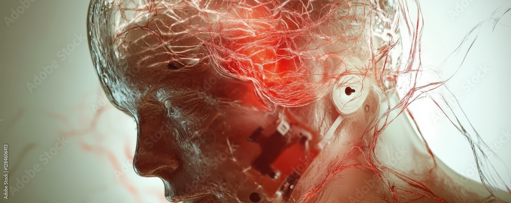 Poster transparent human head with circuitry and red neural network visualization