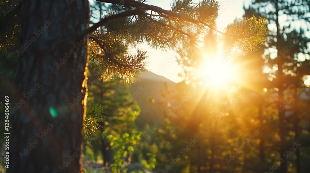 Aufkleber Sunlight Filtering Through Pine Trees in a Lush Forest Setting Full of Vivid Greenery : Generative AI